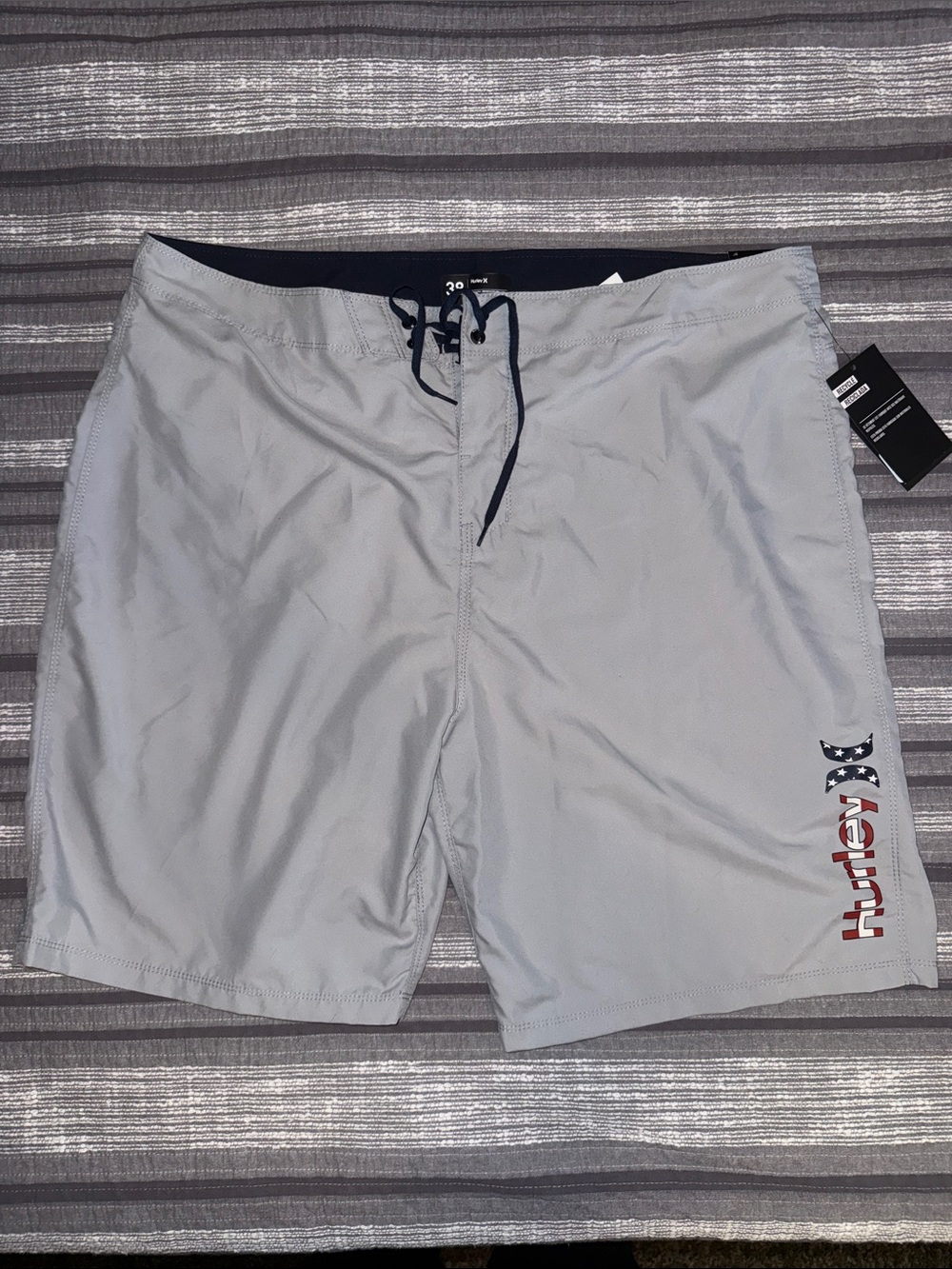 Hurley Men’s Light Gray Swim Board Shorts with Navy Drawstring